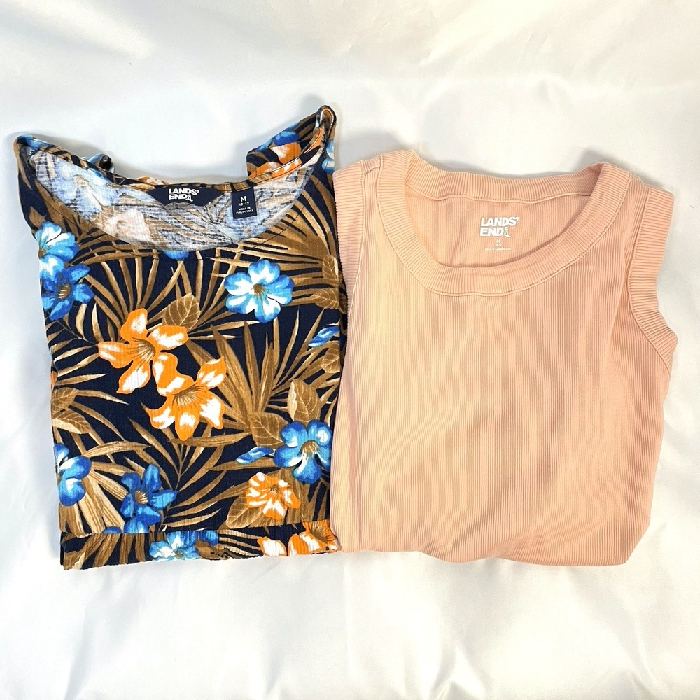 Lands' End Womens Pair of Tank Tops Medium Crinkle Tiered Ribbed Floral Peach